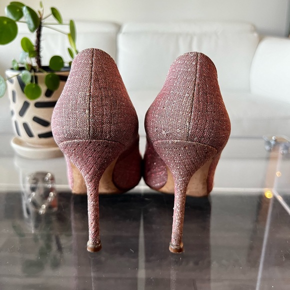 MANOLO BLAHNIK HANGISI PINK GLITTER TEXTILE STILETTO HEELS WITH CRYSTALS - Picture 5 of 10